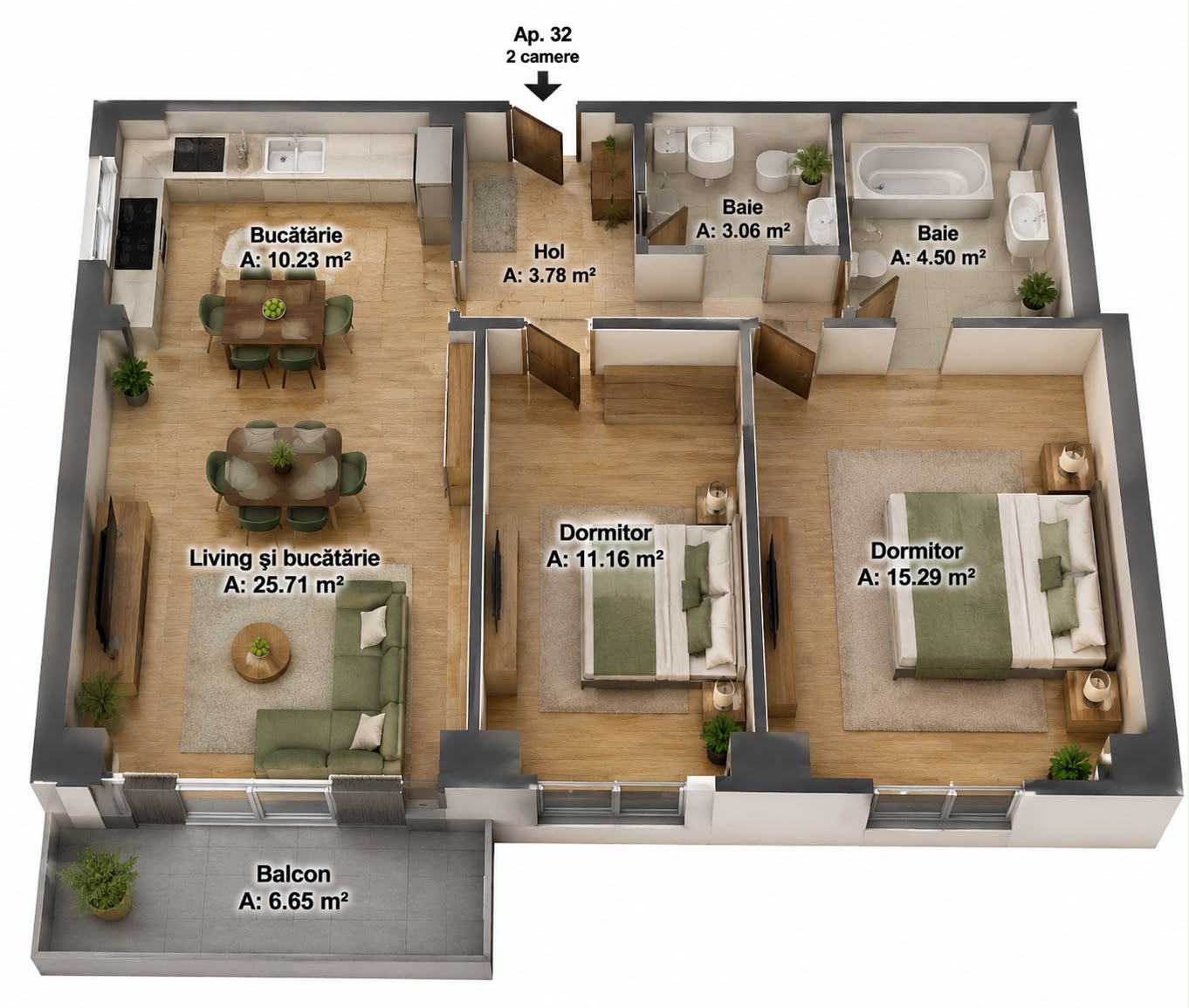 Plan apartament 2 camere Configurație B
